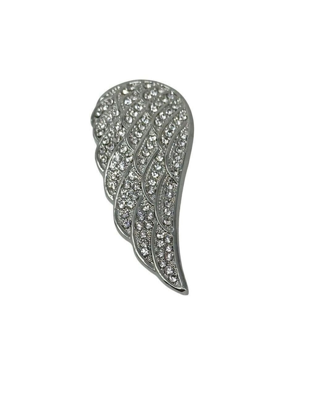 Angel Wing Rhinestone Brooch Pin Magnetic In Silver Tone Metal 2.5 Inch